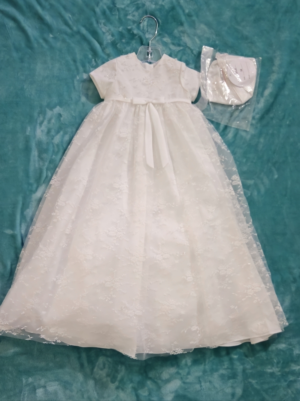 Sarah Louise Baby Girl White Lace Christening Gown with Matching Bonnet -Size 3M